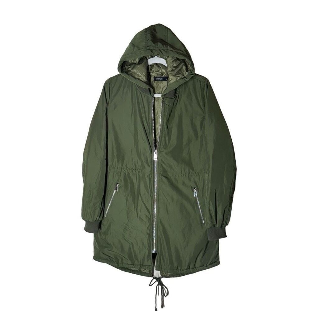 Wishlist Insulated Hooded Parka Coat Drawstrings Olive Fishtail M